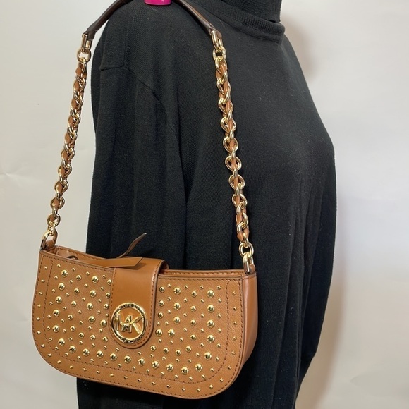 Michael Kors Carmen leather studded shoulder bag pouchette chain strap luggage - Picture 2 of 10